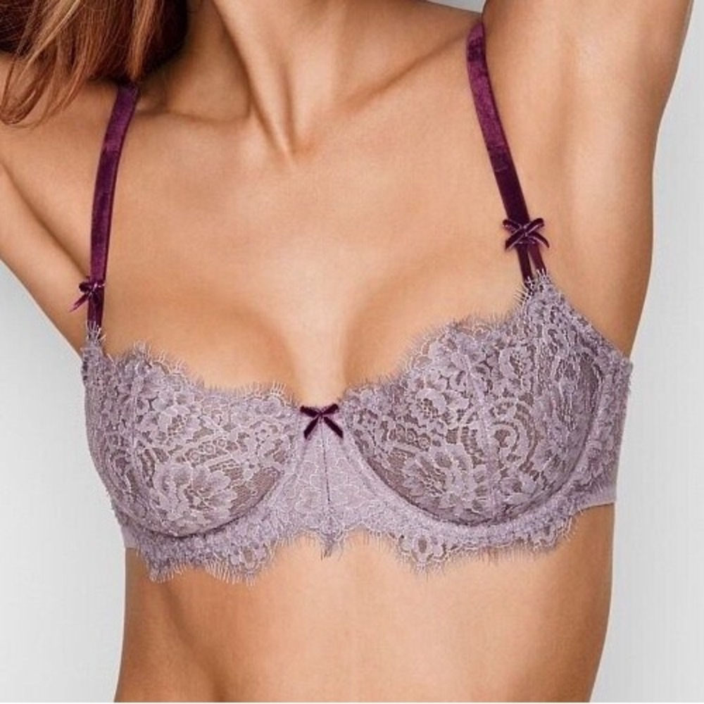 Victorias Secret Dream Angels Lace Push Up Bra 32DD Lavender Grey Plum Trim